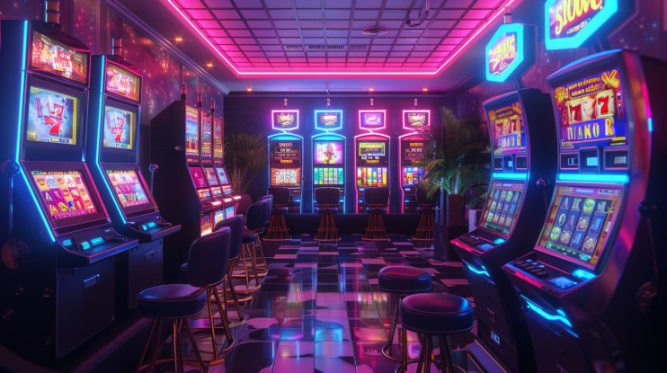 Neon game lobby with sports slots and live casino-style options